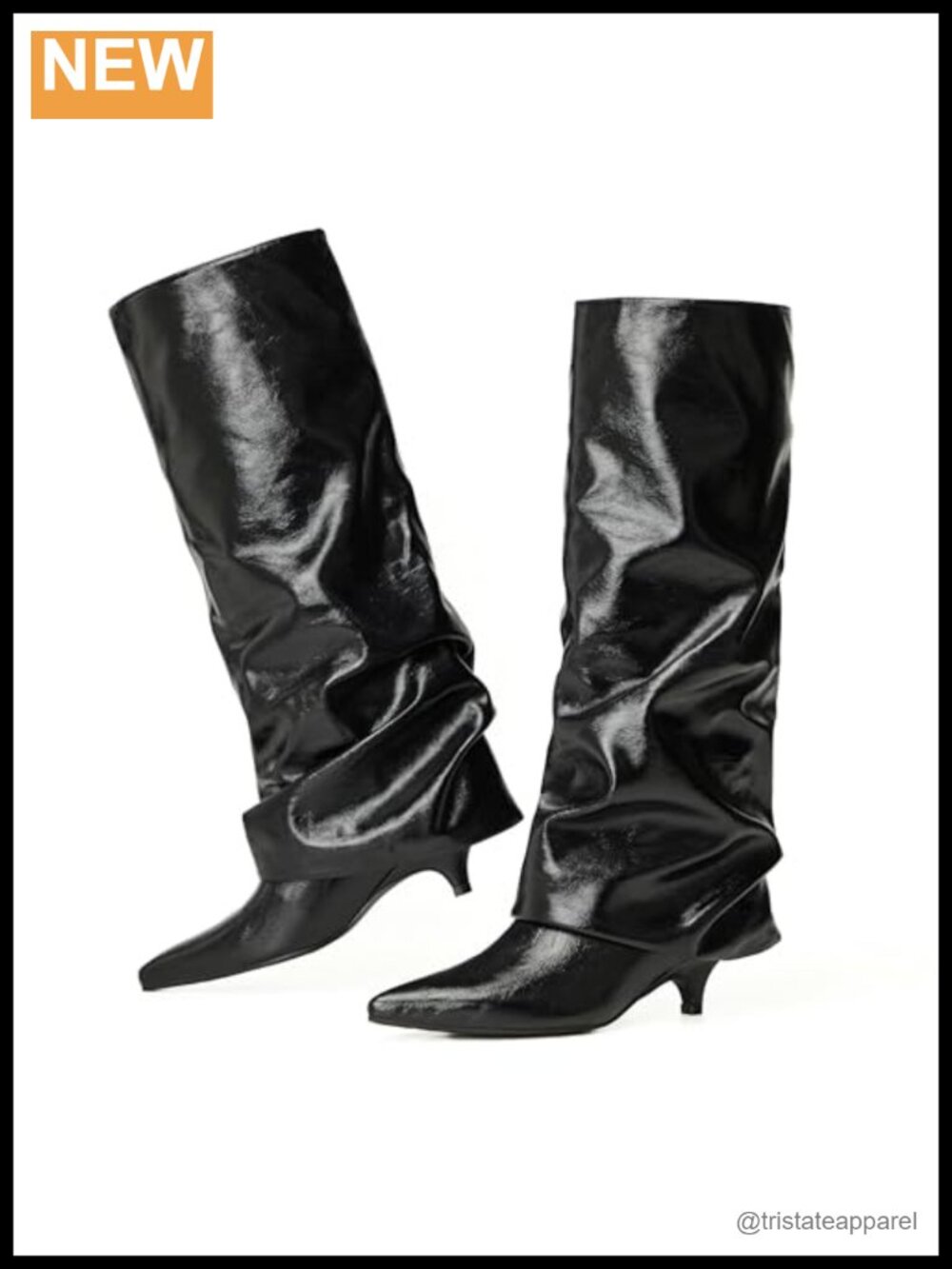 Women's Knee High Fold Over Boots Kitten Heel Pointed Toe Faux Leather